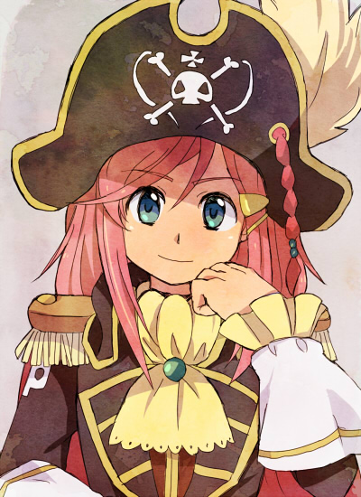 blue_eyes, bust, epaulettes, hair_ornament, hairclip, hand_to_chin, hat, juukyuu_mame, katou_marika, miniskirt_pirates, pink_hair, pirate, pirate_hat, simple_background, skull_and_crossbones, solo