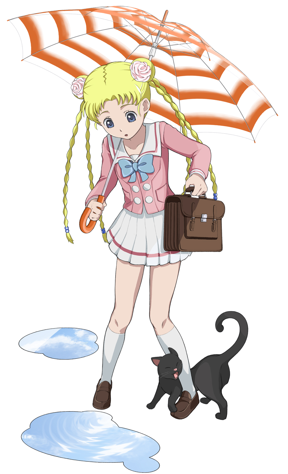 bag, black_cat, blonde_hair, blue_eyes, bookbag, bow, cat, double_bun