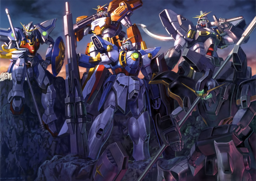 everyone, gatling_gun, gun, gundam, gundam_deathscythe, gundam_heavyarms, gundam_sandrock, gundam_wing