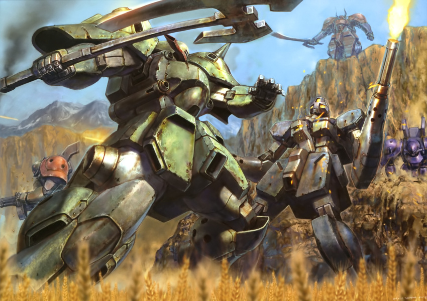 axe, battle, blurry, daughtress, depth_of_field, gun, gundam, highres, jenice, machine_gun, mecha, sword, weapon
