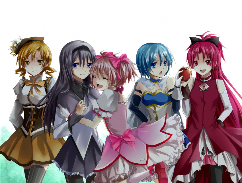 akemi_homura, apple, bad_id, black_ribbon, blonde_hair, blue_eyes, blue_hair, bow