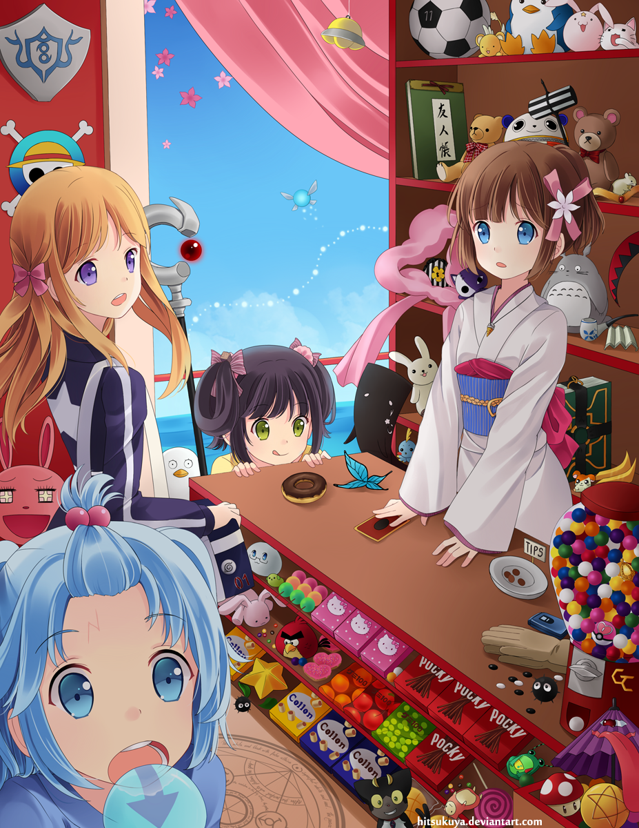 .hack//, .hack//sign, 4girls, angry_birds, ano_natsu_de_matteru, ao_no_exorcist, arrow, avatar:_the_last_airbender, axis_powers_hetalia, bishoujo_senshi_sailor_moon, black_hair, black_rock_shooter, bleach, blue_eyes, blue_hair, boku_wa_tomodachi_ga_sukunai, bow, bread, brown_hair, butterfly, butterfly_hair_ornament, candy, card_captor_sakura, cardcaptor_sakura, coin, dango, denpa_onna_to_seishun_otoko, doughnut, drill, elizabeth_(gintama), food, fullmetal_alchemist, gintama, gloves, gosick, green_eyes, guilty_crown, gundam, gundam_seed, hair_bow, hair_ornament, hamtaro, harry_potter, hello_kitty, highres, hitsukuya, inazuma_eleven, inazuma_eleven_(series), inu_x_boku_ss, ittan_momen, japanese_clothes, jewelry, k-on!, kami_nomi_zo_shiru_sekai, karakasa_obake, kero, kimono, kingdom_hearts, kobato., kuma_(persona_4), kuro_(ao_no_exorcist), long_hair, lucky_star, magic_circle, mahou_shoujo_madoka_magica, mameshiba_(character), mawaru_penguindrum, melon_bread, mochimerica_(hetalia), multiple_girls, mushroom, naruto, natsume_yuujinchou, navi, necklace, one_piece, open_mouth, original, otaku, persona, persona_4, pocky, pokemon, purple_eyes, red_bird_(angry_birds), rinon_(ano_natsu_de_matteru), room, sen_to_chihiro_no_kamikakushi, shakugan_no_shana, short_hair, smile, sorinozuka_renshou, soul_eater, soul_eater_(character), soul_gem, super_mario_bros., super_mushroom, susuwatari, tatara_kogasa, tengen_toppa_gurren_lagann, the_legend_of_zelda, tonari_no_totoro, tongue, touhou, ufo, umbrella, violet_eyes, wagashi, wish, yu-gi-oh!, yukata, yuu-gi-ou, yuu-gi-ou_duel_monsters, zero_no_tsukaima