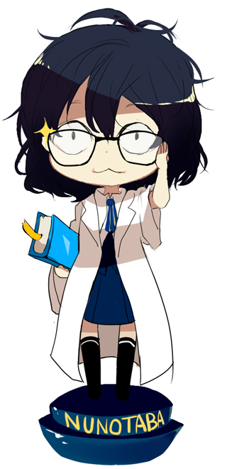 :3, black_hair, book, faux_figurine, glasses, labcoat, naye, nunotaba_shinobu