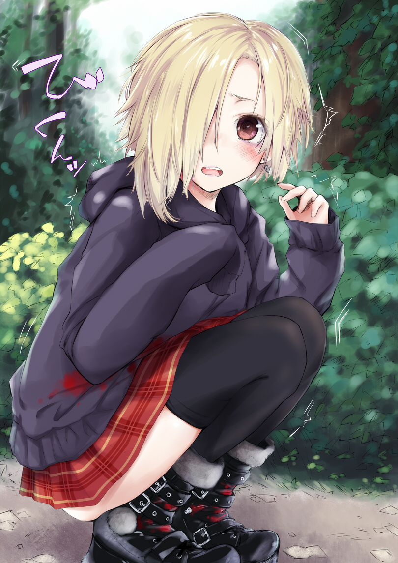 black_legwear, blonde_hair, blush, boots, brown_eyes, hair_over_one_eye, hoodie, idolmaster