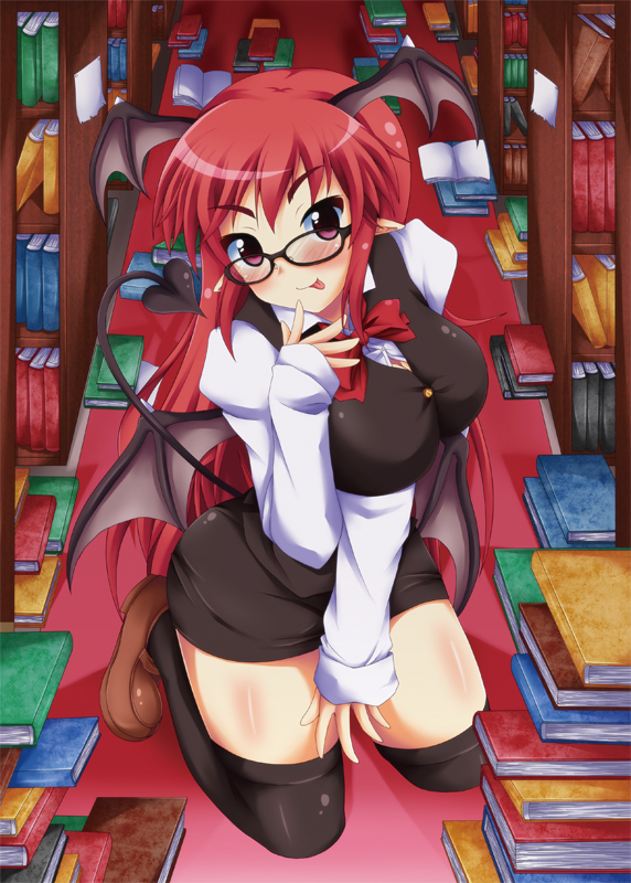 bat_wings, bespectacled, black_legwear, blush, book, bookshelf, demon_tail, demon_wings