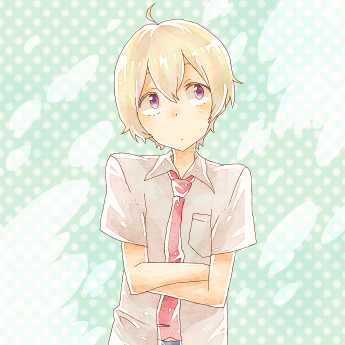 ahoge, blonde_hair, crossed_arms, haru_(tsuritama), male, miso_(mimimiso), necktie, purple_eyes