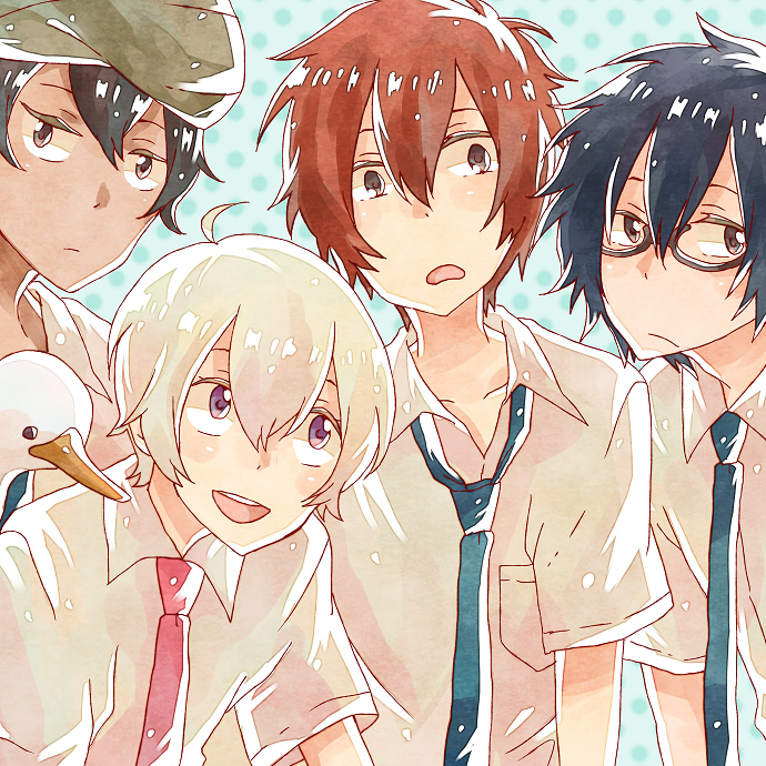 akira_agarkar_yamada, bird, black_hair, blonde_hair, brown_eyes, duck, glasses, haru_(tsuritama)