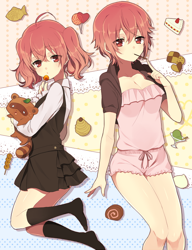 adult, ahoge, breasts, candy, cleavage, cocktail_glass, dual_persona, heart, holding, inu_x_boku_ss, leaf, lollipop, multiple_girls, no_shoes, pink_eyes, pink_hair, pocky, roromiya_karuta, skirt, sleep_wear, sleepwear, slice_of_cake, socks, sweets, swiss_roll, tsukuyomi_03, twintails, watanuki_banri