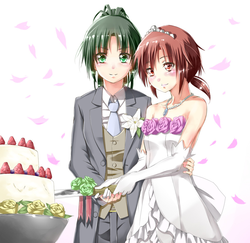 cake, corsage, dress, food, formal, gloves, green_eyes, green_hair