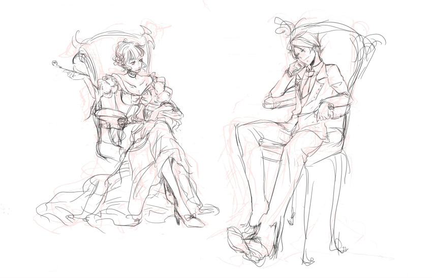 1girl, aokiri_(dolce), beatrice, highres, kiseru, monochrome, pipe, sitting