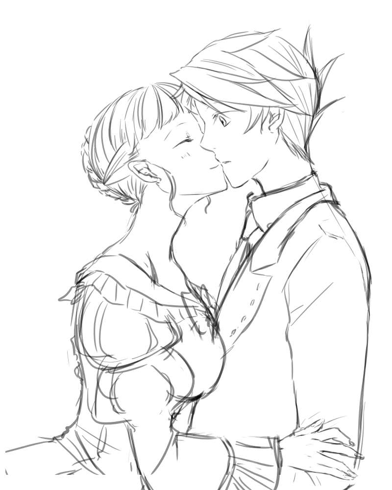 1girl, aokiri_(dolce), beatrice, breasts, couple, kiss, monochrome, short_hair