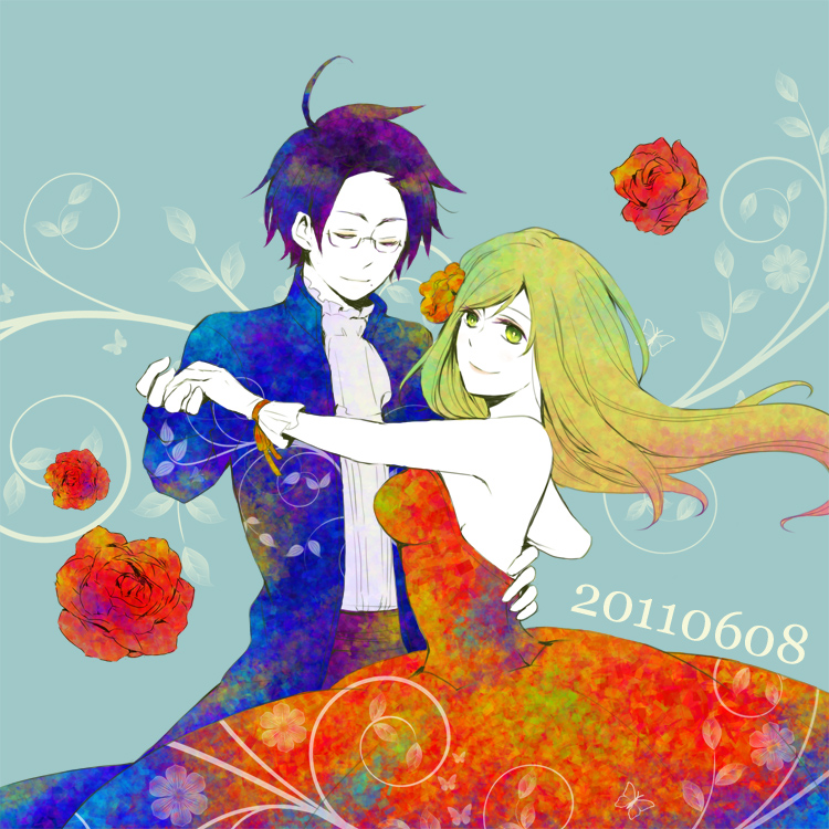 austria_(hetalia), axis_powers_hetalia, colorful, couple, dancing, dated, dress, flower