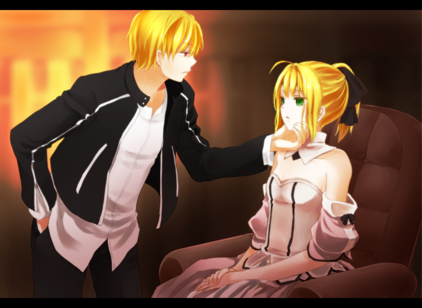 1girl, ahoge, bare_shoulders, blonde_hair, bow, chiroron, detached_sleeves, dress