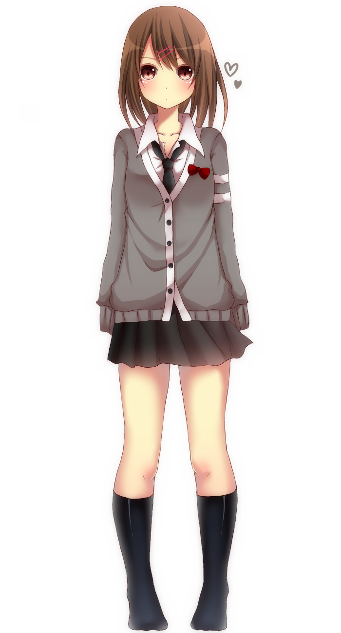 black_legwear, blush, brown_eyes, brown_hair, cardigan, hair_ornament, hairclip, heart