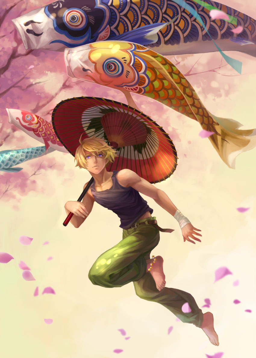 barefoot, blonde_hair, cherry_blossoms, handwraps, highres, ivan_karelin, jumping, kame4282