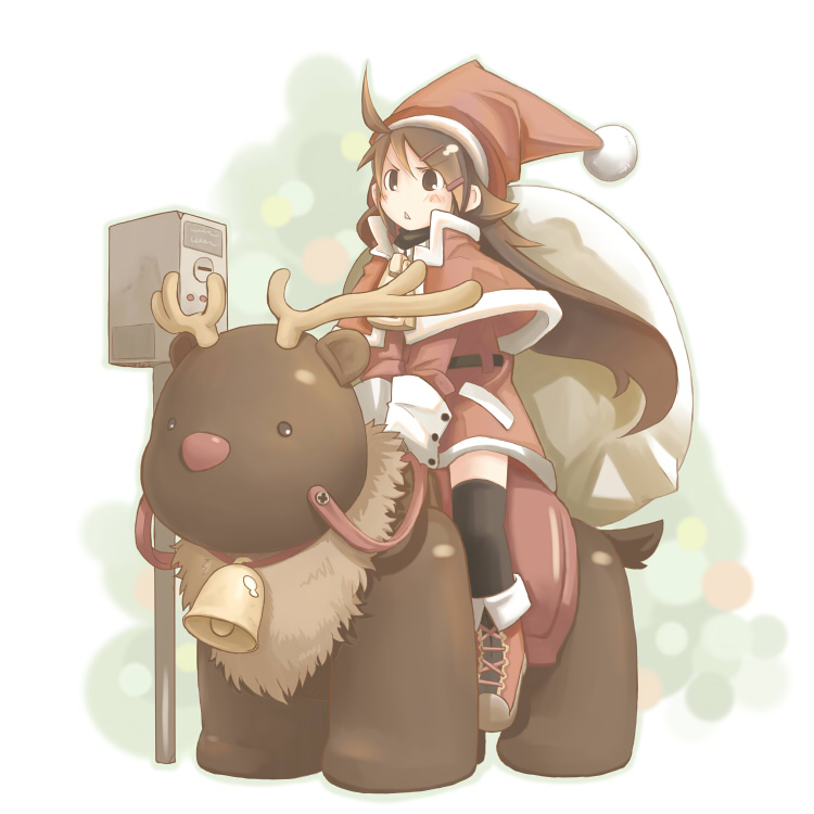 :<, ahoge, bell, boots, brown_eyes, brown_hair, capelet, hair_ornament