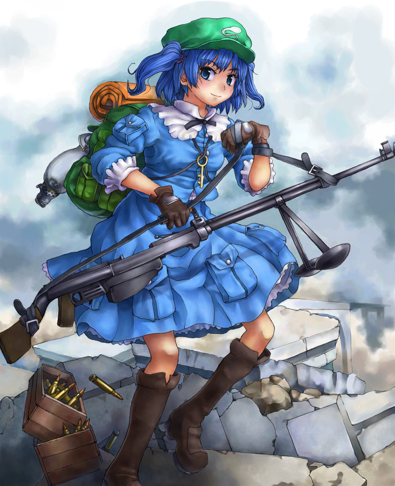 bag, blue_eyes, blue_hair, boots, bullet, gloves, gun, hair_bobbles