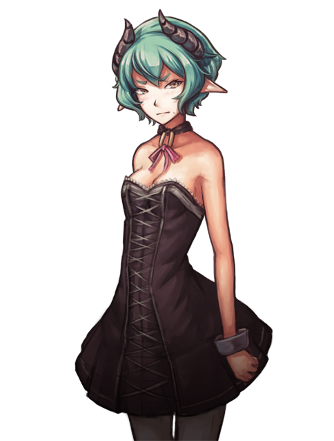 bare_shoulders, blush, breasts, choker, cleavage, demon_girl, doomfest, dress