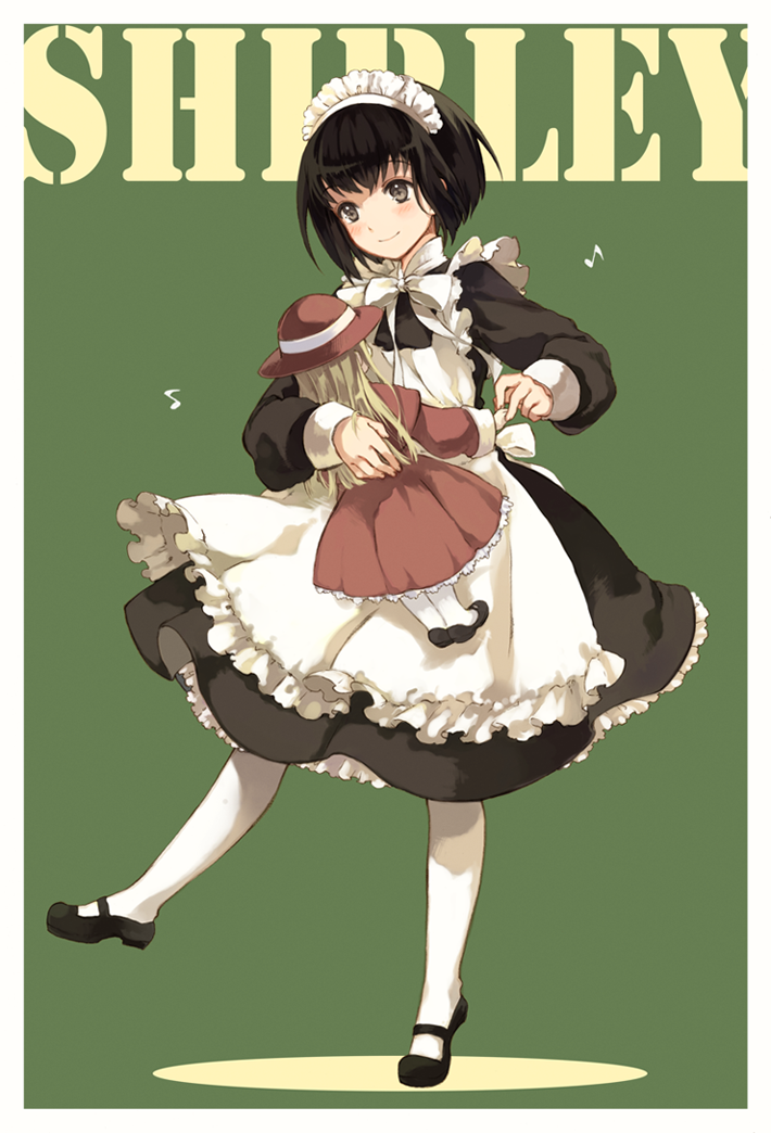 apron, black_hair, bob_cut, bow, bowtie, character_name, dancing, doll