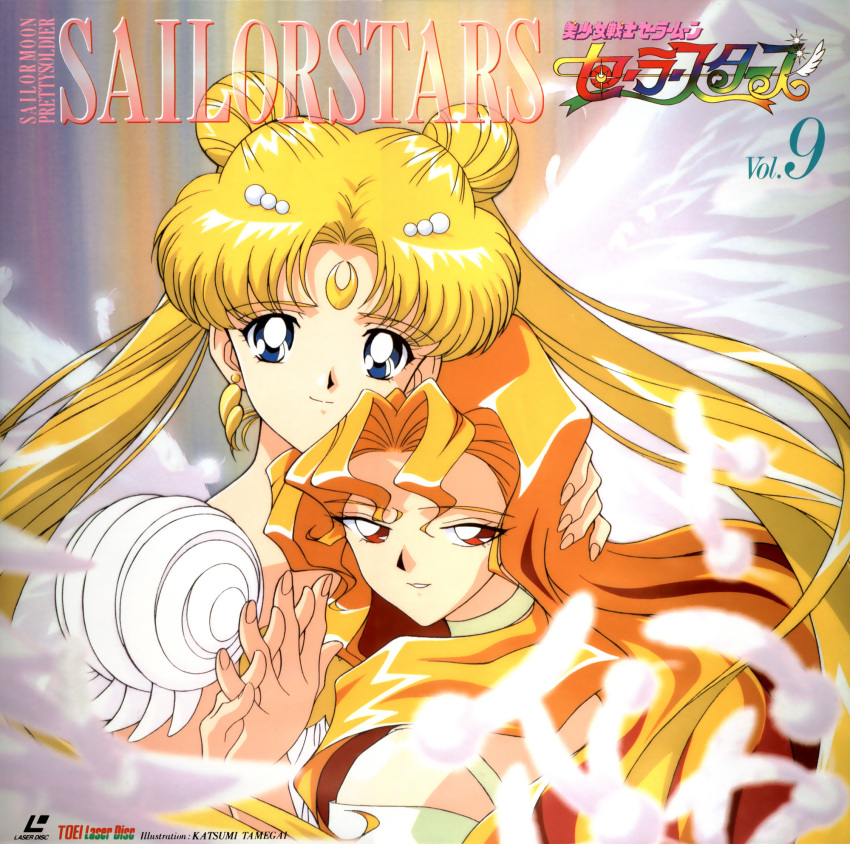 bishoujo_senshi_sailor_moon, blonde_hair, blue_eyes, cover, double_bun, feathers, hand_holding, highres
