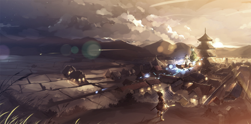 boat, brown_hair, detached_sleeves, dress, earmuffs, east_asian_architecture, flying, ghost, ghost_tail, green_dress, green_hair, hat, headphones, highres, japanese_clothes, kariginu, landscape, mononobe_no_futo, mountain, multiple_girls, nature, ritual_baton, scenery, scorpion5050, shoes, short_hair, skirt, soga_no_tojiko, star_(sky), tate_eboshi, temple, touhou, toyosatomimi_no_miko