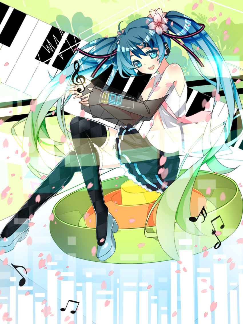 aqua_eyes, aqua_hair, detached_sleeves, fei_(songyijie), flower, hair_flower, hair_ornament, hairclip, hatsune_miku, highres, long_hair, musical_note, navel, necktie, open_mouth, piano_keys, see-through, shoes, skirt, solo, songyijie, thigh-highs, thighhighs, twintails, very_long_hair, vocaloid