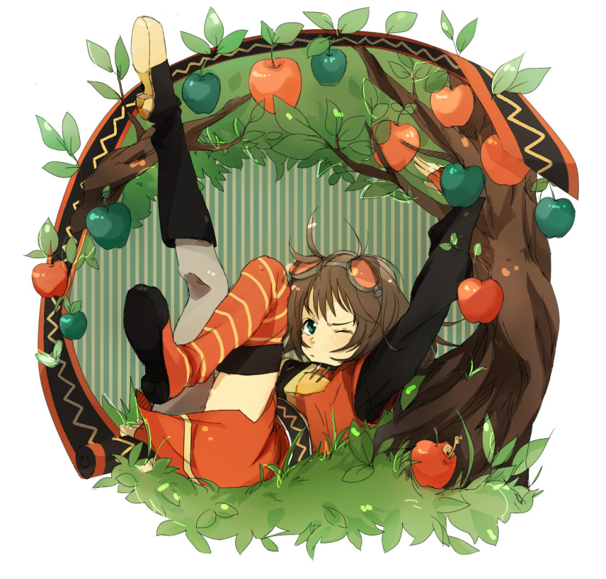 apple, arm_up, asymmetrical_clothes, brown_hair, food, fruit, gloves, goggles
