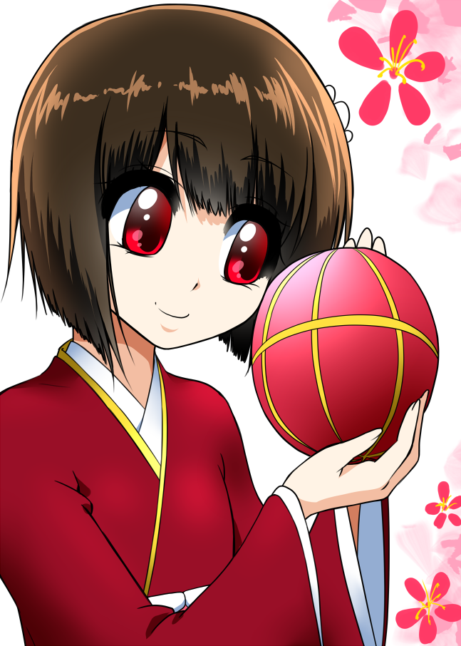 ball, brown_hair, bust, copyright_request, japanese_clothes, kemari, kimono, mattari_yufi