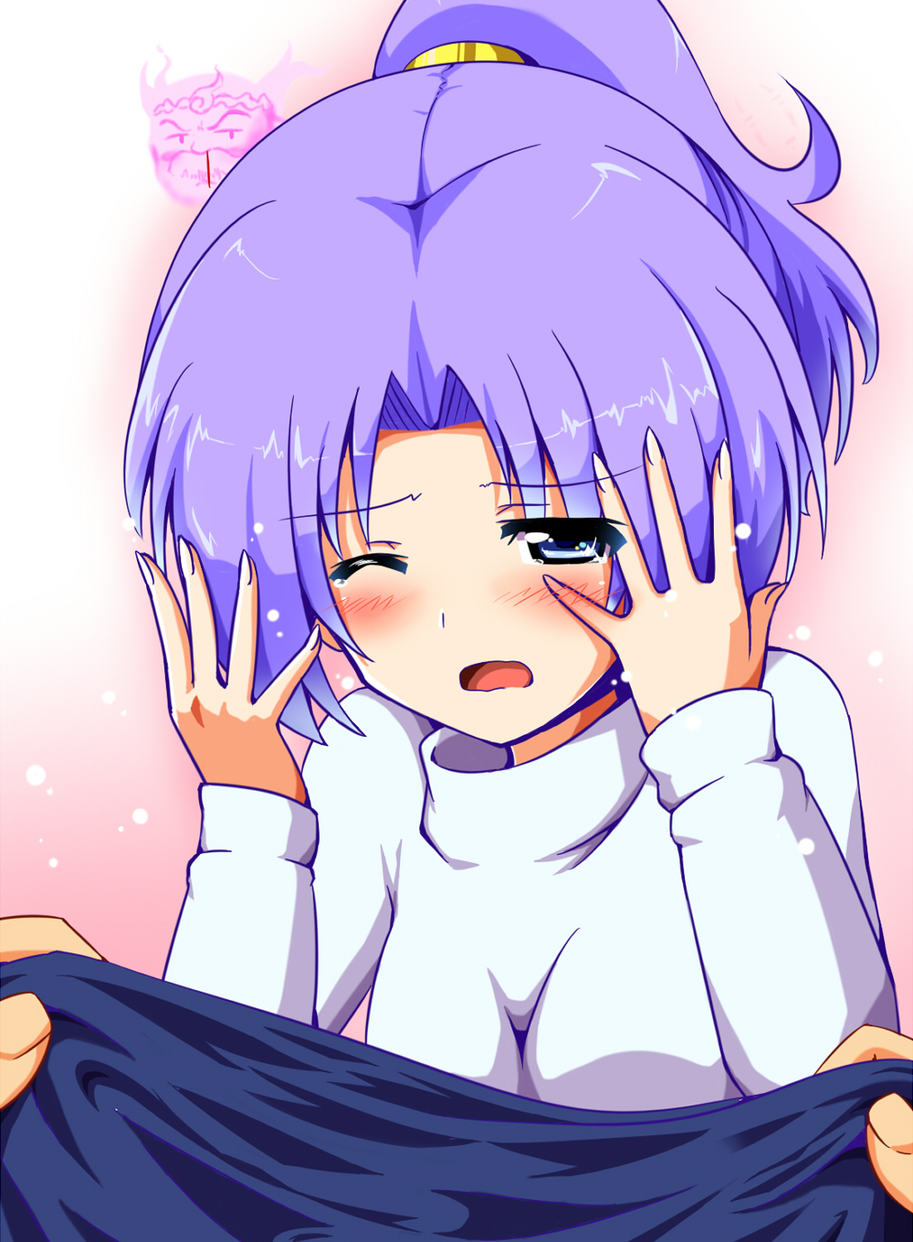 1girl, blood, blue_eyes, blue_hair, blush, embarrassed, hands, highres, kamelie, kumoi_ichirin, no_headwear, no_hood, nosebleed, ponytail, short_hair, touhou, unzan, wince