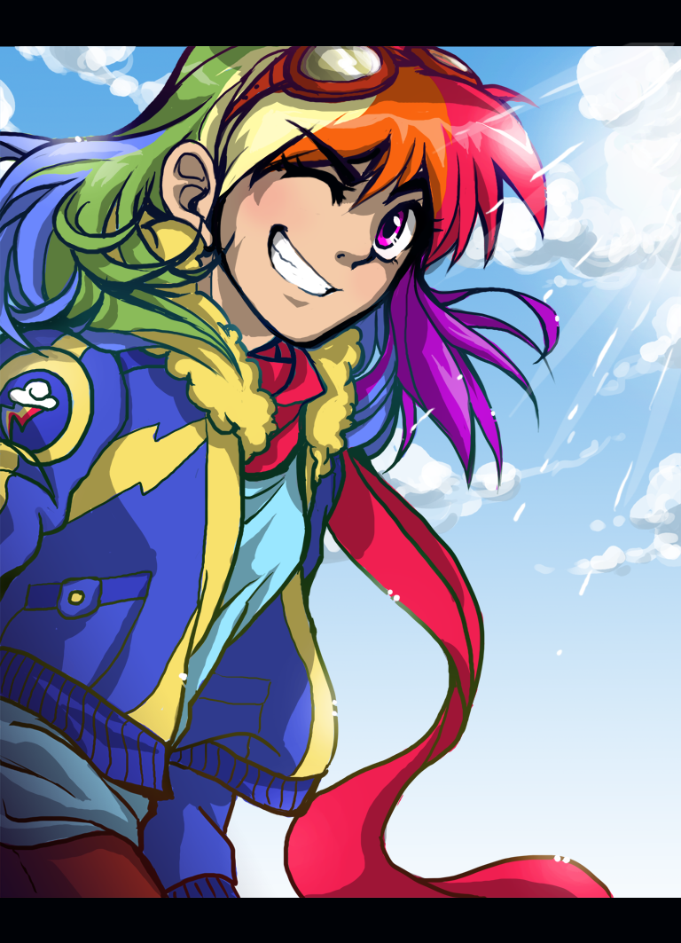 cloud, clouds, ddhew, goggles, grin, jacket, letterboxed, multicolored_hair