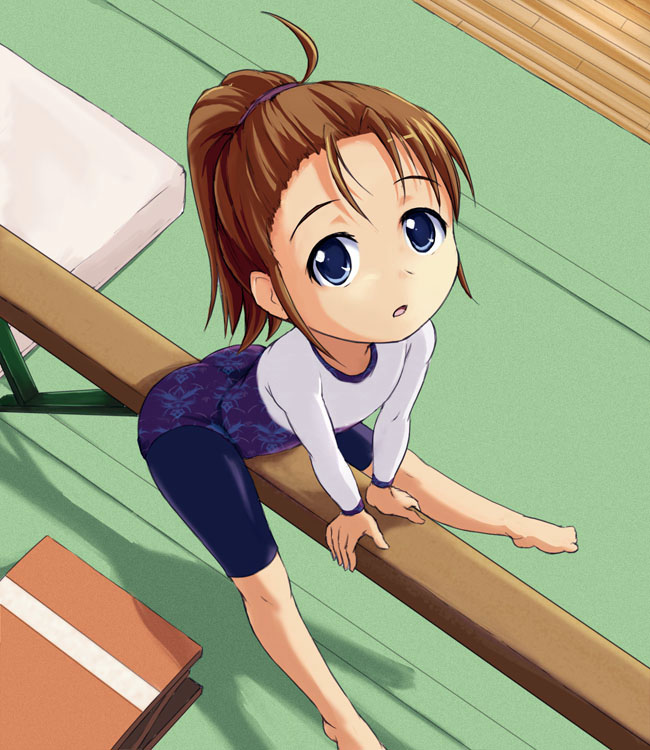 1girl, balance_beam, barefoot, beidan, bike_shorts, black_bike_shorts, blue_eyes, brown_hair