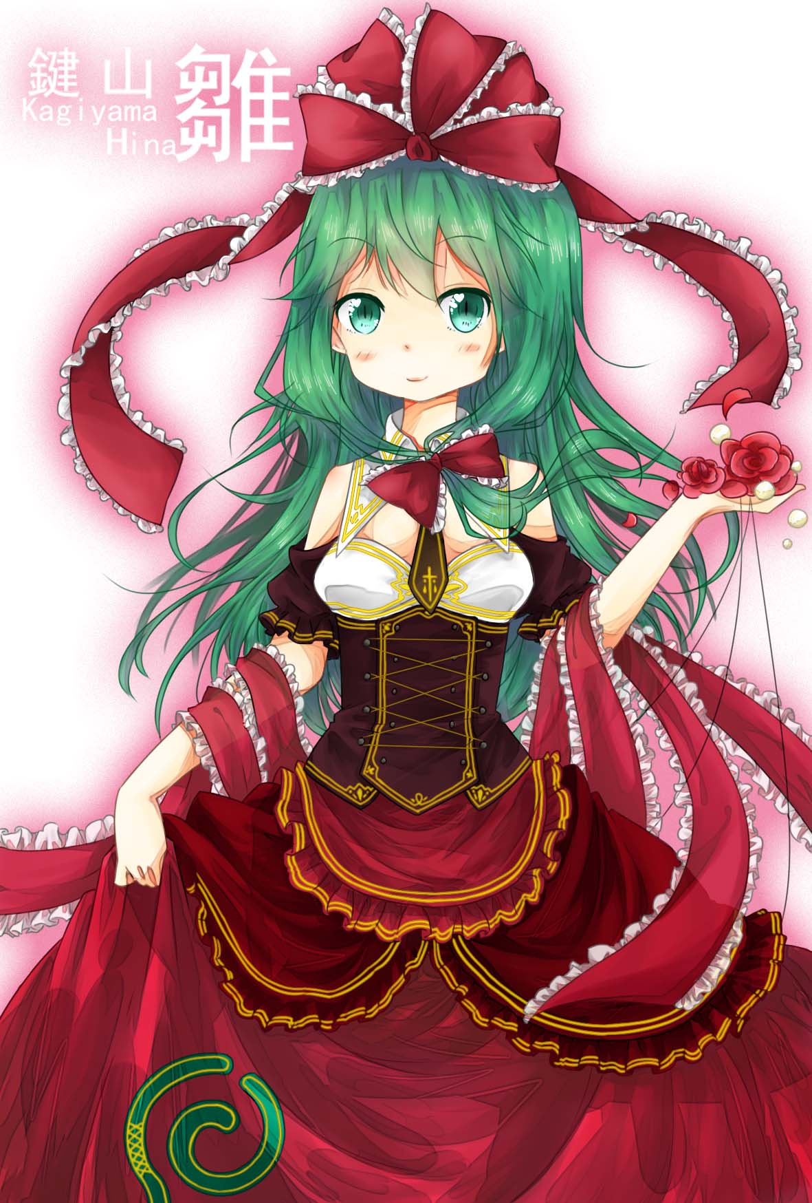 adapted_costume, aqua_eyes, blush, bow, breasts, character_name, dress, dress_lift