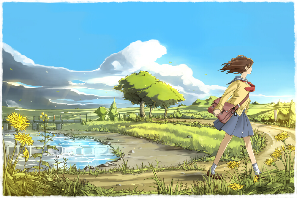 bridge, brown_hair, cloud, clouds, dandelion, field, flower, grass