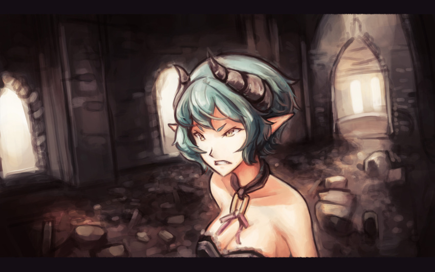 bare_shoulders, breasts, choker, cleavage, demon_girl, doomfest, dress, fiend_(juniper's_knot)