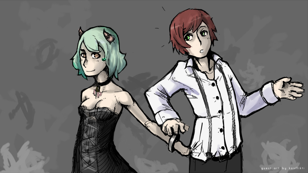 1girl, bare_shoulders, breasts, choker, cleavage, demon_girl, dress, fiend_(juniper's_knot)