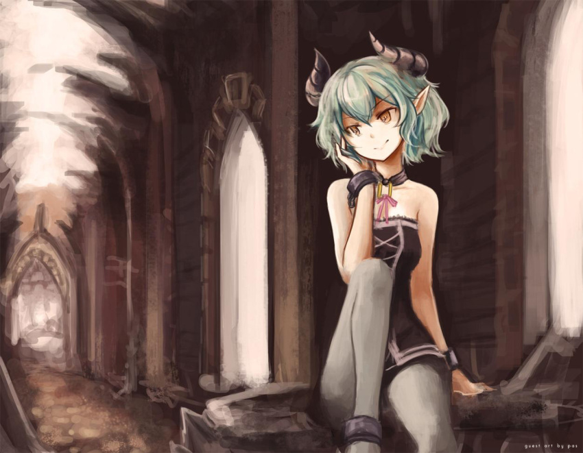 bare_shoulders, breasts, choker, demon_girl, dress, fiend_(juniper's_knot), fiend_(juniper's_knot), green_hair