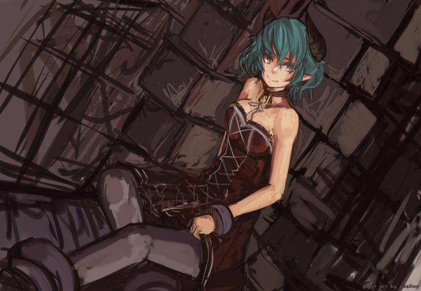bare_shoulders, breasts, choker, cleavage, demon_girl, drawfag, dress, fang