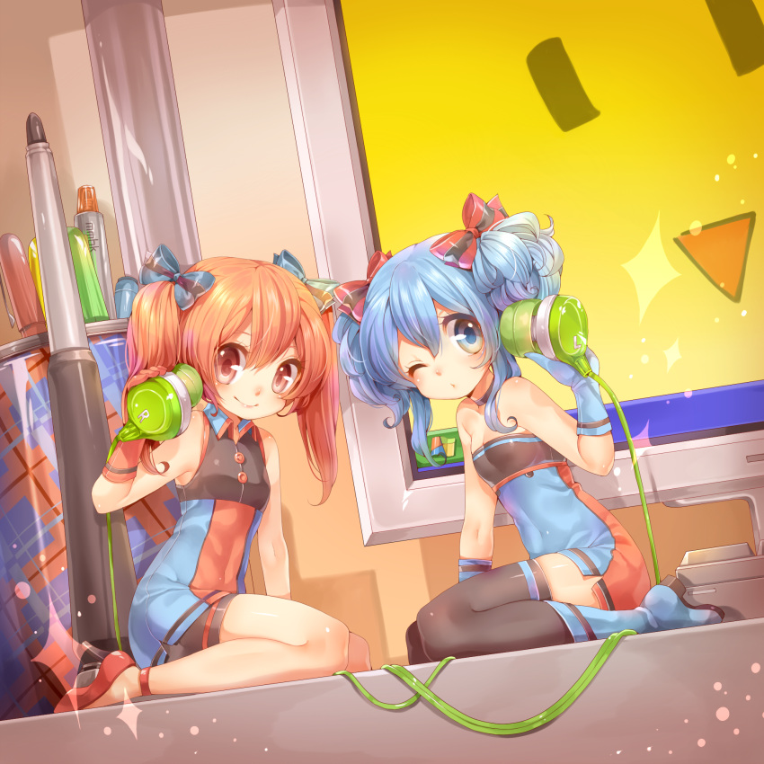aihara_kaori, bare_shoulders, blue_eyes, blue_hair, boots, bow, computer, earbuds
