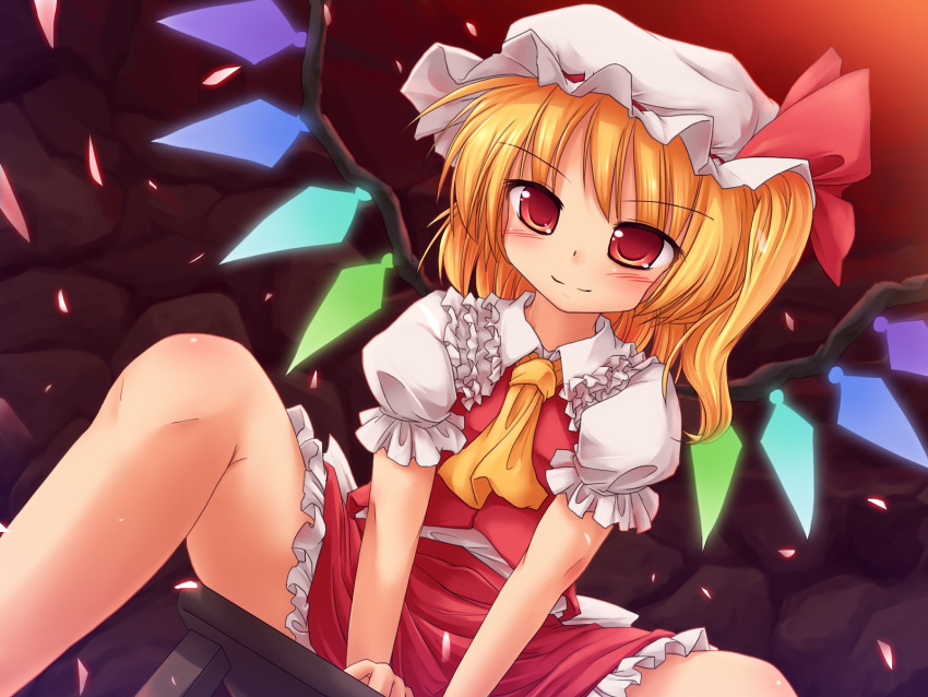 4wings, ascot, blonde_hair, flandre_scarlet, hat, highres, long_hair, lzh, red_eyes, sitting, skirt, skirt_set, smile, solo, touhou, wings