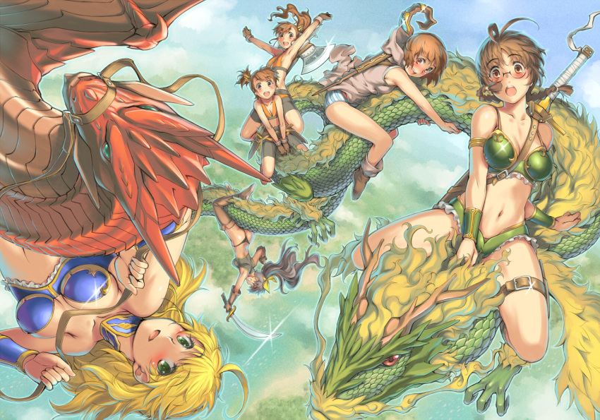 :d, :o, \o/, ahoge, akizuki_ritsuko, antenna_hair, armor, arms_up, axe, bike_shorts, bikini, bikini_armor, black_hair, blonde_hair, blush, boots, breasts, brown_eyes, brown_hair, cleavage, dragon, eastern_dragon, futami_ami, futami_mami, ganaha_hibiki, glasses, green_eyes, grin, hagiwara_yukiho, highres, hoshii_miki, idolmaster, long_hair, multiple_girls, navel, new_year, open_mouth, outstretched_arms, panties, ponytail, reins, riding, seki_suzume, short_hair, siblings, side_ponytail, smile, staff, striped, striped_panties, swimsuit, sword, thigh-highs, thigh_boots, thighhighs, thong, twins, underwear, weapon, western_dragon