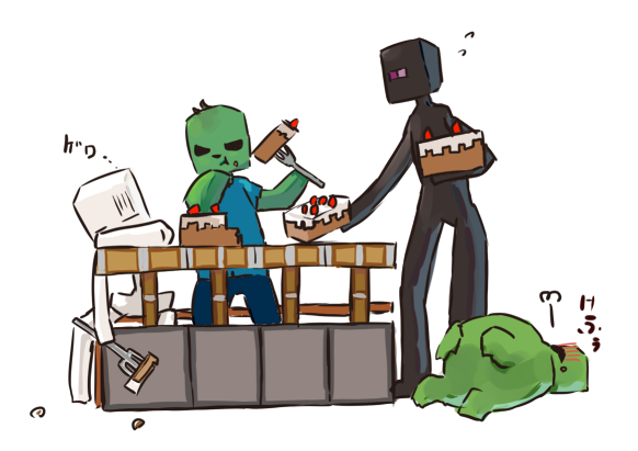 cake, creeper, eating, enderman, food, hakkyotyui, minecraft, simple_background