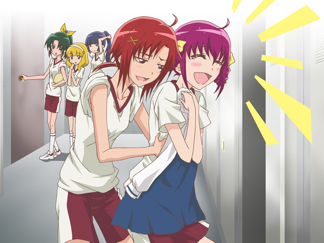 5girls, aoki_reika, blonde_hair, blue_hair, blush, gke1avg, green_hair, gym_uniform, hino_akane, hoshizora_miyuki, kise_yayoi, midorikawa_nai, midorikawa_nao, multiple_girls, pink_hair, precure, shorts, smile_precure!, tickling