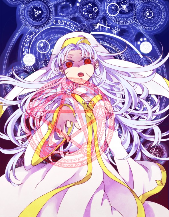 habit, index, long_hair, magic_circle, nun, red_eyes, robe, safety_pin