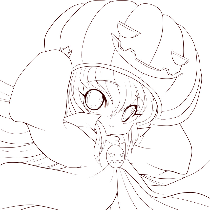 :3, absurdres, cape, dress, halloween, hat, heart, highres, jack-o'-lantern, jack-o'-lantern, long_hair, looking_at_viewer, monochrome, original, pumpkin, solid_black_thumbnail, solo, transparent_background, yume_shokunin