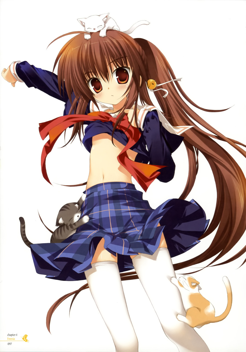 abscess, absurdres, ahoge, bell, blush, brown_hair, cat, dressing