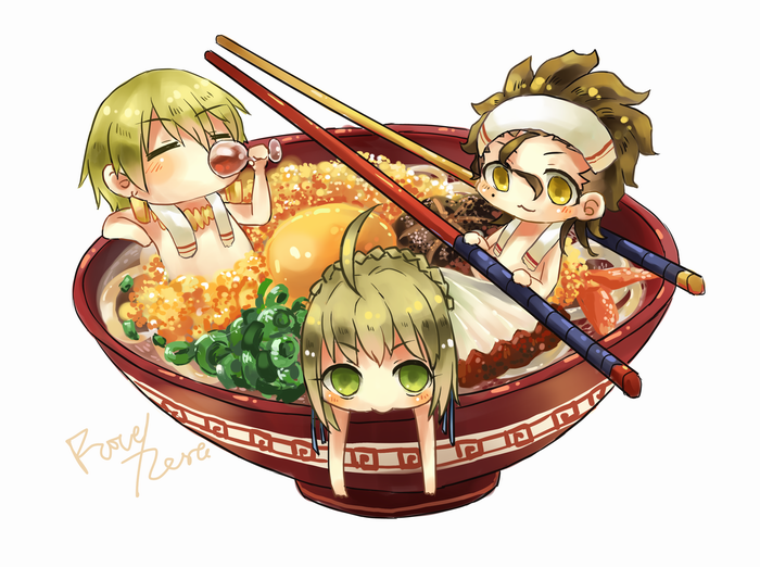 2boys, ahoge, blonde_hair, bowl, brown_hair, chibi, chopsticks, drinking, egg, fate/zero, fate_(series), food, gae_buidhe, gae_dearg, gilgamesh, green_eyes, kkyingdd, lancer_(fate/zero), mole, multiple_boys, regg, saber, soup, towel, wine, yellow_eyes