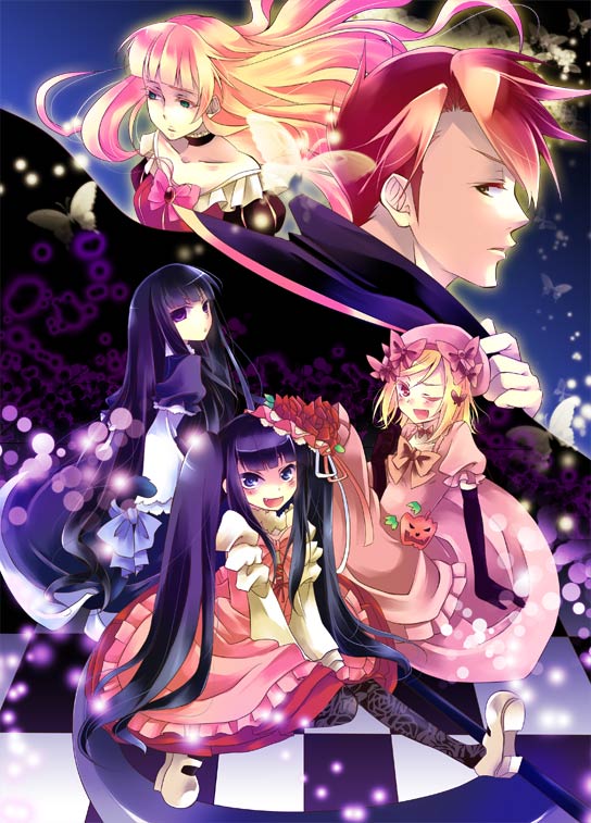 beatrice, beret, blonde_hair, blue_eyes, blue_hair, blunt_bangs, butterfly, choker, dress, elbow_gloves, flower, frederica_bernkastel, frills, furudo_erika, gloves, hair_ornament, hat, hime_cut, ico_(pekoguest), lambdadelta, long_hair, pantyhose, pink_dress, purple_eyes, red_hair, redhead, ribbon, rose, serious, short_hair, smile, twintails, umineko_no_naku_koro_ni, ushiromiya_battler, violet_eyes