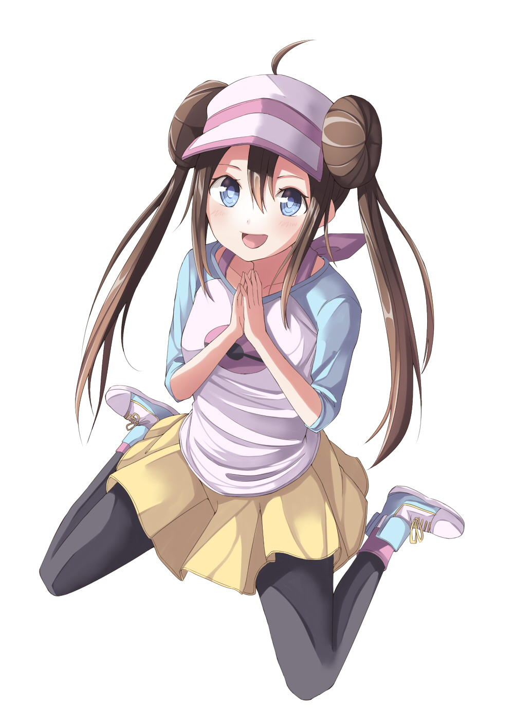 :d, ahoge, bad_id, blue_eyes, brown_hair, double_bun, female_protagonist_(pokemon_bw2), full_body, gurasion_(gurasion), hair_between_eyes, hands_together, hat, highres, long_hair, mei_(pokemon), open_mouth, pantyhose, pokemon, pokemon_(game), pokemon_bw2, raglan_sleeves, simple_background, sitting, skirt, smile, solo, wariza, white_background