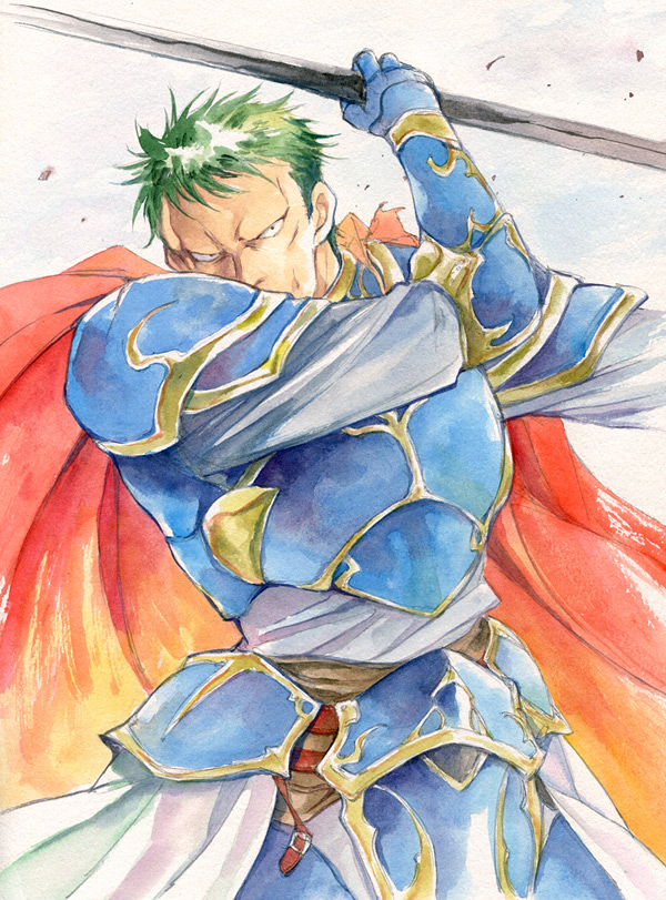 agahari, arden_(fire_emblem), armor, cape, character_request, fire_emblem, fire_emblem:_seisen_no_keifu, gauntlets, green_hair, holding, male, solo