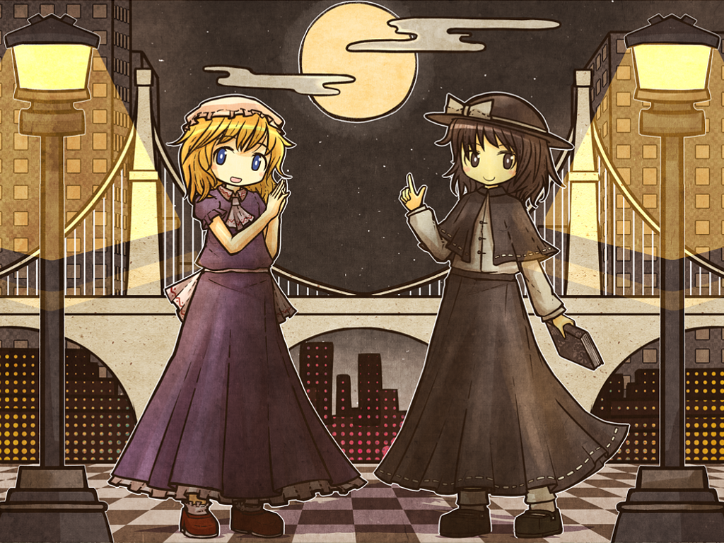 akihiyo, blonde_hair, blue_eyes, blush_stickers, book, bow, bridge, brown_eyes